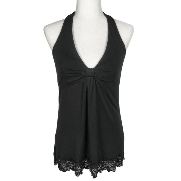 WHBM Black Lace Trim Flowy Halter Top Women's Medium - Picture 1 of 9